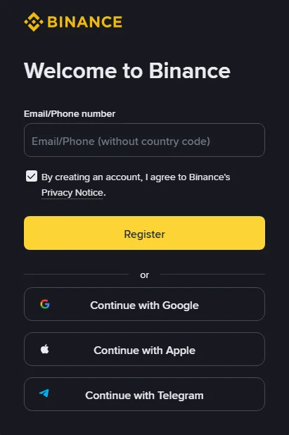Binance साइन-अप पेज (अंग्रेज़ी इंटरफ़ेस): शीर्षक “Welcome to Binance”, एक “Email/Phone (without country code)” फ़ील्ड, Privacy Notice से सहमति वाला टिक किया हुआ बॉक्स, पीला “Register” बटन, और नीचे “Continue with Google”, “Continue with Apple”, “Continue with Telegram” बटन